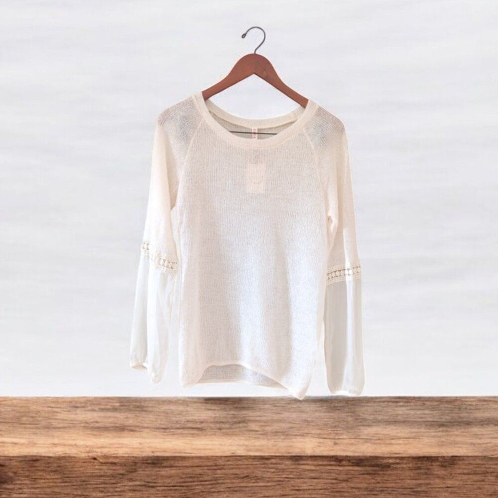 Raga Women Sweater Pullover Libby Crochet Sleeves Loose Knit Ivory Size XS